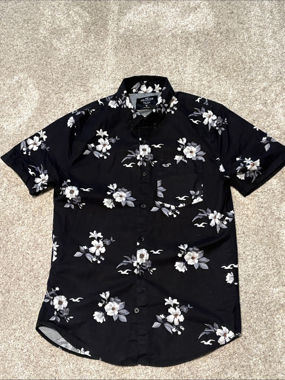 Hollister Black Floral Short-Sleeve Button Down Shirt with White Flowers
